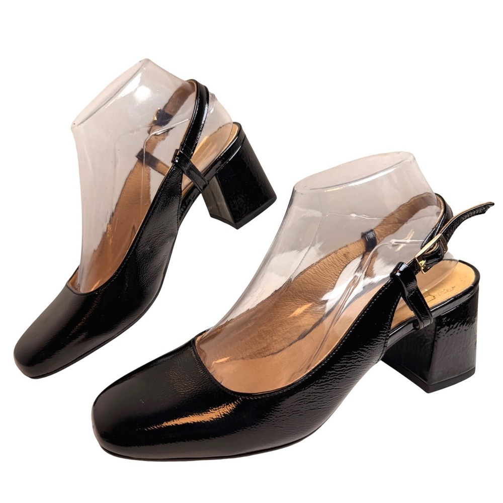 Eram Black Patent Leather Slingback Block Heel Square Toe Pumps Portugal 38